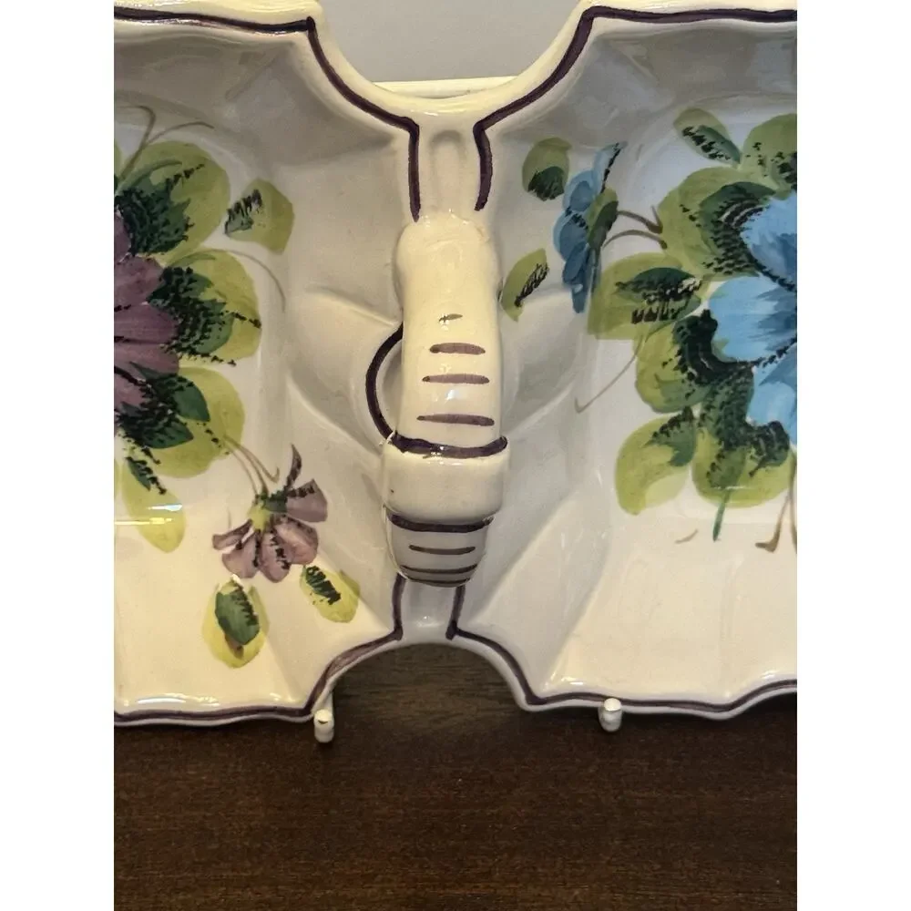 Italian Ceramic Divided Serving Dish Hand Painted Floral Bowl Made in Italy VTG